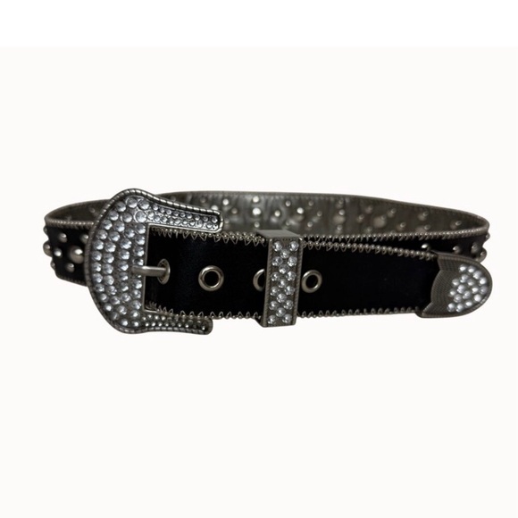 Kathy Van Zeeland Black Western Rhinestone Studded Belt Size Medium Y2K Bling - Picture 3 of 11